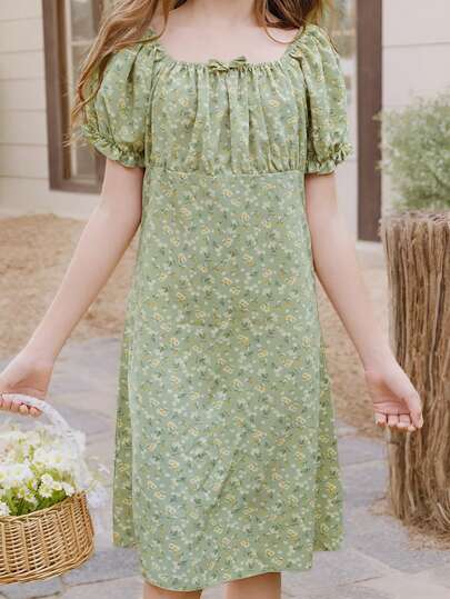 SHEIN Tween Girl 花卉印花连衣裙，优雅华丽可爱泡泡袖蝴蝶结连衣裙绿色连衣裙，适合夏季和春季，适合户外、派对和节日穿着