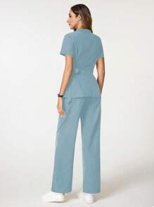 TaskEZ Solid Color V-Neck Scrub Top And Pants Scrub Uniform Set Women Tops Summer Scrub Sets For Women Nurse Scrub Sets Women Scrubs Scrub Sets Professional Clothes Women Sets - Blue - View 3