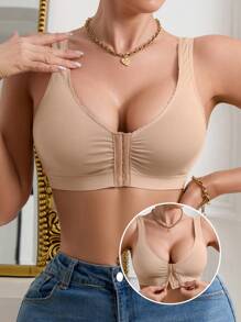 Women Solid Color Simple Seamless Front Clasp Wirelsess Wide Shoulder Strap Bra With Small Lace Trim Comfortable Daily Bra. - Apricot - View 1