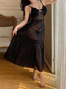 DAZY Áo ngủ dài hai dây gợi cảm phối ren lưới xuyên thấu lãng mạn dành cho nữ, đồ lót quyến rũ cho phụ nữ. - màu đen - Xem 5