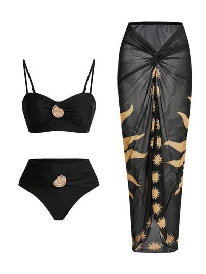 Swim Oasis Women Metal Decoration Pleated Bikini Set With Coverup & Mini Skirt, Summer Beach Outfit