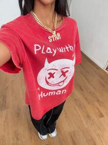 SHEIN EZwear Women's & Men's Summer Rave Couple Costumes Western Wear Y2K Rapper Streetwear Devil Graphics Dirty 100% Cotton Washed Over Size T-Shirt - Burgundy - View 8