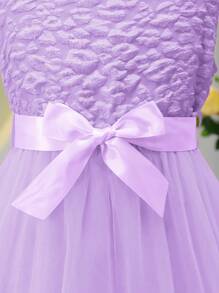 Tween Girl V-Neck Sleeveless Waist Cinched A-Line Mesh Patchwork Jacquard Elegant Dress, Suitable For Weddings, Holidays, Birthdays, Special Occasions - Mauve Purple - View 5