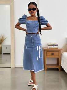 Denimly Tween Girls Vintage Casual Urban Preppy Cropped Top With Square Neckline, Puff Sleeves, Back Zippered Closure And Denim Mid-Length Skirt With Distressed Details, Elastic Waistband, Zipper Closure, Side Slit And Frayed Hem, 2 Pieces Set - Medium Wash - View 1