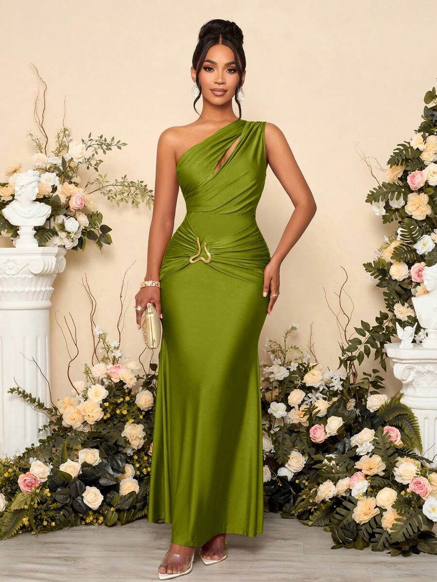 SOLERSUN 女士纯色镂空不对称领口金属装饰紧身连衣裙长款女装 - 橄欖綠 - 查看 1