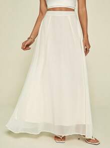 SHEIN Tall 夏季纯色高腰 A 字飘逸半身裙 - 米色 - 查看 4