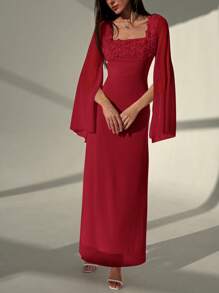 Aloruh Square Neck 3D Floral Bell Sleeve Long Fish Tail Romantic Date Dress For Women - Burgundy - View 4