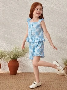 Blossori Young Girls Elegant French Style Blue Floral & Geometric Print Top And Shorts Set, Spring/Summer - Blue - View 4