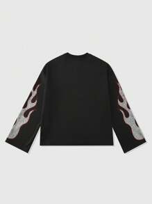 ROMWE MEN Street Life Men's Oversized Loose Short Style Printed T-Shirt With Rhinestone Embellished Sleeves (Flame & Diamond Embroidery)