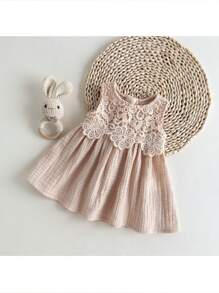 Loomiva Newborn Baby Girl Solid Color Ruffle Trim Round Neck Sleeveless Cinched Waist Dress