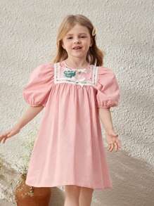Blossori Vestido Solto Tecido Frouxamente com Estampa Floral Rosa Elegante Francesa para Meninas Jovens, Primavera/Verão - Rosa chiclete - Visão 3
