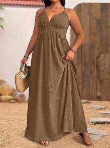 SHEIN Clasi Váy yếm hở lưng họa tiết màu trơn mùa hè cỡ lớn cho nữ đi biển/nghỉ dưỡng - Cà phê nâu - Xem 5