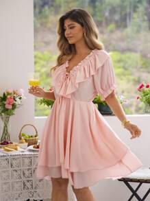 KURAYIA Plus Size Women Off Shoulder Ruffled Tie Neck Puff Sleeve Pink Solid Color Waisted Bohemian Style Spring/Summer Dress - Pink - View 3