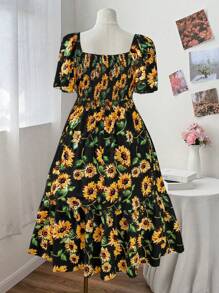 Flirla Váy xòe họa tiết hoa hướng dương cỡ lớn cho nữ, thanh lịch khi đi nghỉ dưỡng, đi nghỉ, đi biển, mùa xuân/hè - màu đen - Xem 2