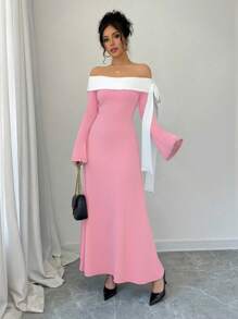 Rafferiza Abito lungo elegante da donna con decorazione a fiocco, maniche lunghe, bianco e nero