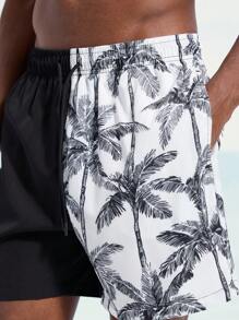 Surfspeed Men's Palm Tree Print Drawstring Waist Casual Beach Shorts  Man Swim Trunks - Black and White - View 7