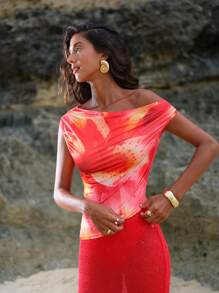 Opulessa Knitted Print Oblique Shoulder Fitted Cropped Women Shirt - Red - View 3