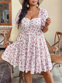 SHEIN Clasi Plus Size Casual Resort Romantic Embroidered Floral Hollow Out Frill Trim Gathered Waist Knee Length Dress - Multicolor - View 7