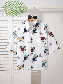 Manfinity VCAY Áo sơ mi tay ngắn in hình gấu hoạt hình dáng rộng rãi thoải mái cho cả nam và nữ, thích hợp mặc hàng ngày - Nhiều màu - Xem 7