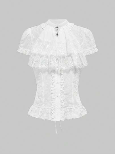 Vintage Gothic Stil Samt-Rüschenhemd mit abnehmbarer Halskrause, Barock Kristall Anhänger, Glocken-Rüschenbündchen, Tailliert geschnittenes Damen Hemd