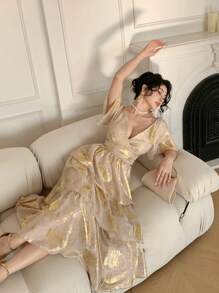 DAZY V-Neck Sequin Embellished Ruffle Trim Long Dress For Women - Blue - View 6