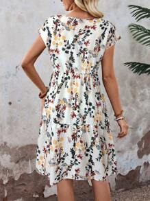 EMERY ROSE 女士花卉印花圆领短袖休闲连衣裙，适合假期穿着 - 白色 - 查看 2
