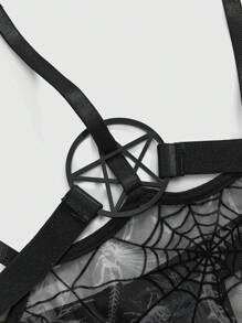 ROMWE Gothic Spider Web Flocked Fabric Triangle Cup Sexy Bodysuits - Black - View 3