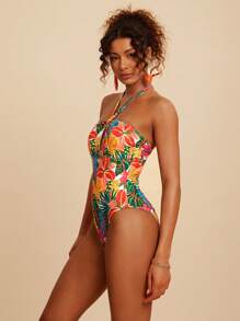 Travachic Women's Sexy Tropical Plant Print Halter One-Piece Swimsuit, Great For Vacation - Blue - View 4