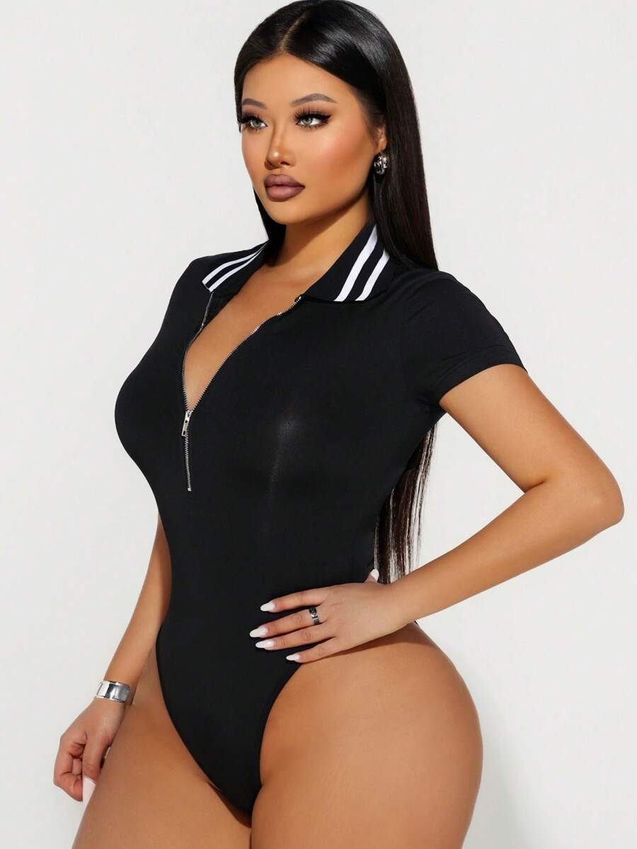 Women Striped Zip-Up Half-Placket Short Sleeve Casual Bodysuit - Black - View 1
