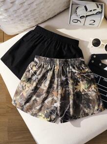 SHEIN 2 件套碎花字母拼接松紧腰休闲短裤套装，母子款 - 彩色 - 查看 2
