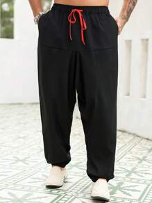Manfinity Homme Plus Size Men's Casual Solid Color Drawstring Waist Drop-Crotch Pants - Black - View 3