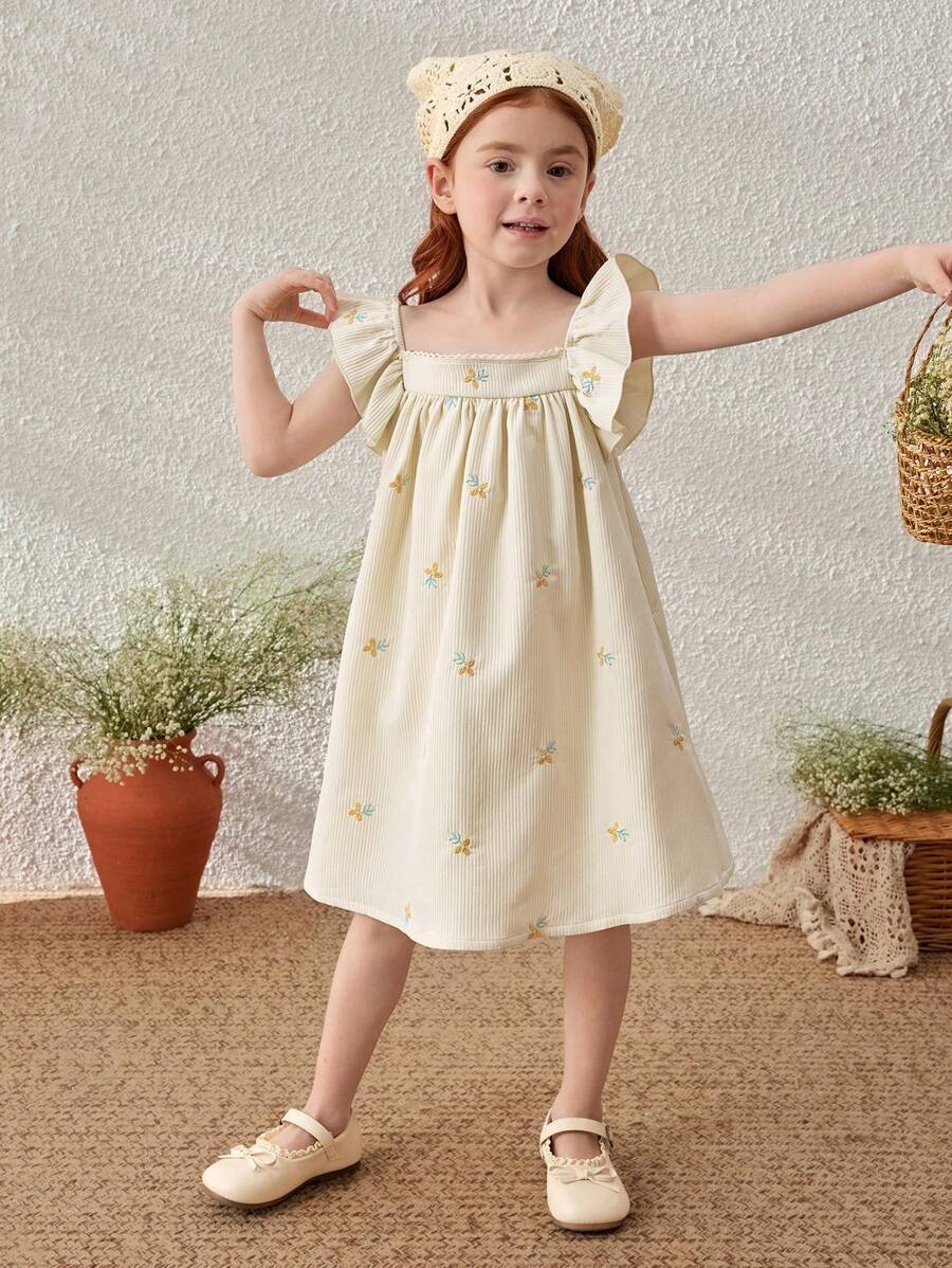 Blossori Váy tay bèo nhún lớn thêu hoa vàng thanh lịch kiểu Pháp cho bé gái, mùa xuân/hè - Màu vàng - Xem 1