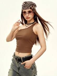 Rina Fox Women Solid Color Sleeveless Crop Top - Brown - View 3