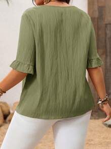 EMERY ROSE Plus Size Ruffle Hem Short Sleeves Blouse, Simple Fashion Casual Everyday Vacation Woman Spring Summer,Western Wear Women,Spring/Summer - Army Green - View 2