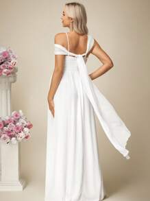 SHEIN Elegant Solid Color Asymmetrical Collar Super Long Maternity Dress, Wedding Dress - White - View 2
