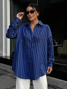EURMUSE WOMAN BLUE AND WHITE LINED POPLIN BLOUSE - Navy Blue - View 4