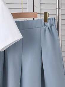 3件套：无袖领口袋背心+休闲T恤+阔腿休闲裤，适合少女日常穿着。兄弟姐妹装搭配服装，2套单独出售。 - 藍色 - 查看 5