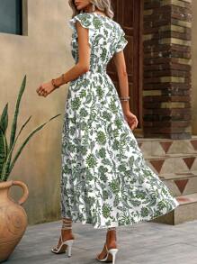SHEIN Clasi New Floral Print Butterfly Sleeve Ruffle Hem Sexy Bohemian Maxi Dress For Vacation & Commute - Army Green - View 2