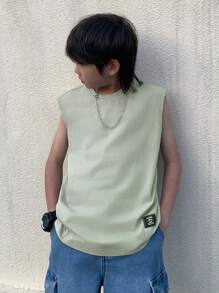 SHEIN Tween Boy Fashion Casual Y2k Patch Details Mix And Match The Sporty Comfortable And Breathable Light Green Knitted Denim Sleeveless Top For Kids Clothes Boys Soft Dailywear And Kids Summer And Spring Clothes - Green - View 2