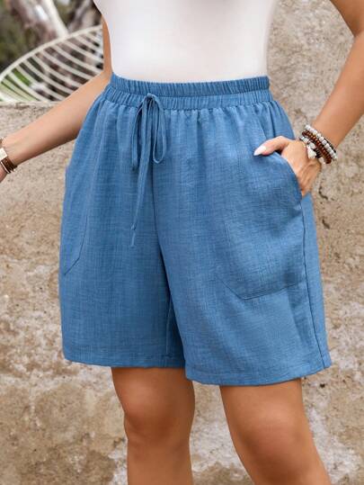SHEIN LUNE Plus Size Women Solid Color Waist Tie Pocket Casual Shorts, Summer Easter Vacation Boho Simple & Fashionable Mother Day Relaxed Shorts