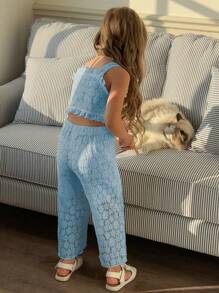 SHEIN Elladie kids 2 件套女童休闲蕾丝吊带背心上衣 + 蕾丝 3/4 裤，甜美少女夏季服装 - 藍色 - 查看 2