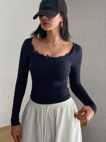 DAZY Women Lace Patchwork Bow Decor Casual Sexy Round Neck Long Sleeve Slim Fit T-Shirt