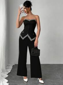 Elenzga 2pcs Set: Colorblock Tube Top And Straight Leg High Waist Pants Without Belt - Black - View 1
