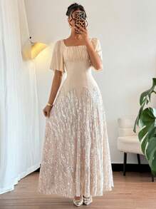 Rafferiza Váy chắp vá sequin xòe đơn giản cổ vuông thanh lịch cho nữ mùa hè, màu mơ - Màu be - Xem 3
