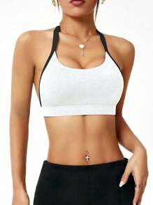 Easithlete Women's Contrast Color Halter Daily Workout Sports Bra - White - View 3