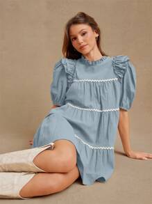 WESTFADE 撞色边饰立领荷叶边短袖分层迷你连衣裙西部纳什维尔女牛仔夏季牛仔竞技服装