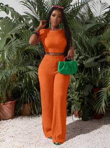 Slaydiva New Casual Basic Sports Style Spring And Summer Round Neck Short-Sleeved Truncated T-Shirt + Wide-Leg Super Long Pants Rose Red Striped Texture Knitted Fabric Women's Two Pieces Set-I