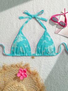 Swim Mod Plus Size Women's Summer Tropical Floral Decorated Fashionable Energetic Halter Tankini Top - Mint Green - View 1