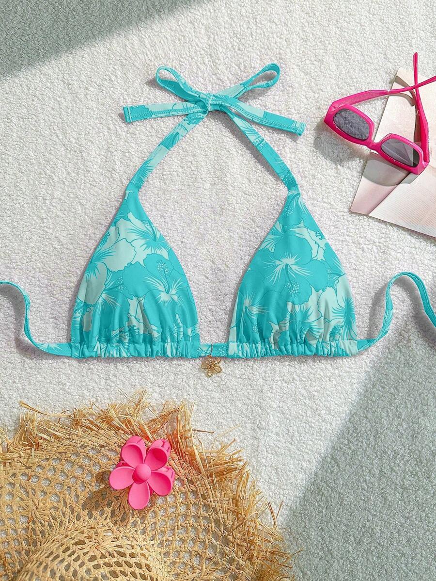 Swim Mod Plus Size Women's Summer Tropical Floral Decorated Fashionable Energetic Halter Tankini Top - Mint Green - View 1