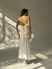 Aloruh Vestido largo con abertura lateral hasta el muslo, escote en V y tirantes finos de unicolor para mujer - Blanco - Ver 2
